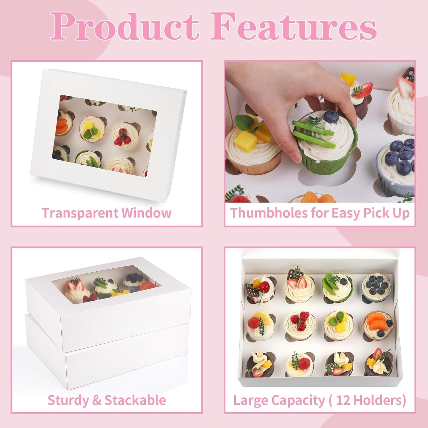 Svalor Cupcake Boxes, 6 Pack Disposable Cupcake Containers, Food Grade Cupcake Carrier 12 Count with Window and Inserts, Cupcake Transport Holders Bulk for Muffins Cookies Treats Dessert（White）