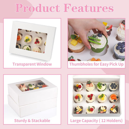 Svalor Cupcake Boxes, 6 Pack Disposable Cupcake Containers, Food Grade Cupcake Carrier 12 Count with Window and Inserts, Cupcake Transport Holders Bulk for Muffins Cookies Treats Dessert（White）