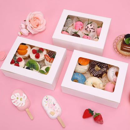 TOMNK 30pcs Cookie Boxes, 8x6x2.5 Inches 3 Style Windows Treat Boxes with Window for Treats, Chocolate Covered Strawberries, Muffins, Donuts