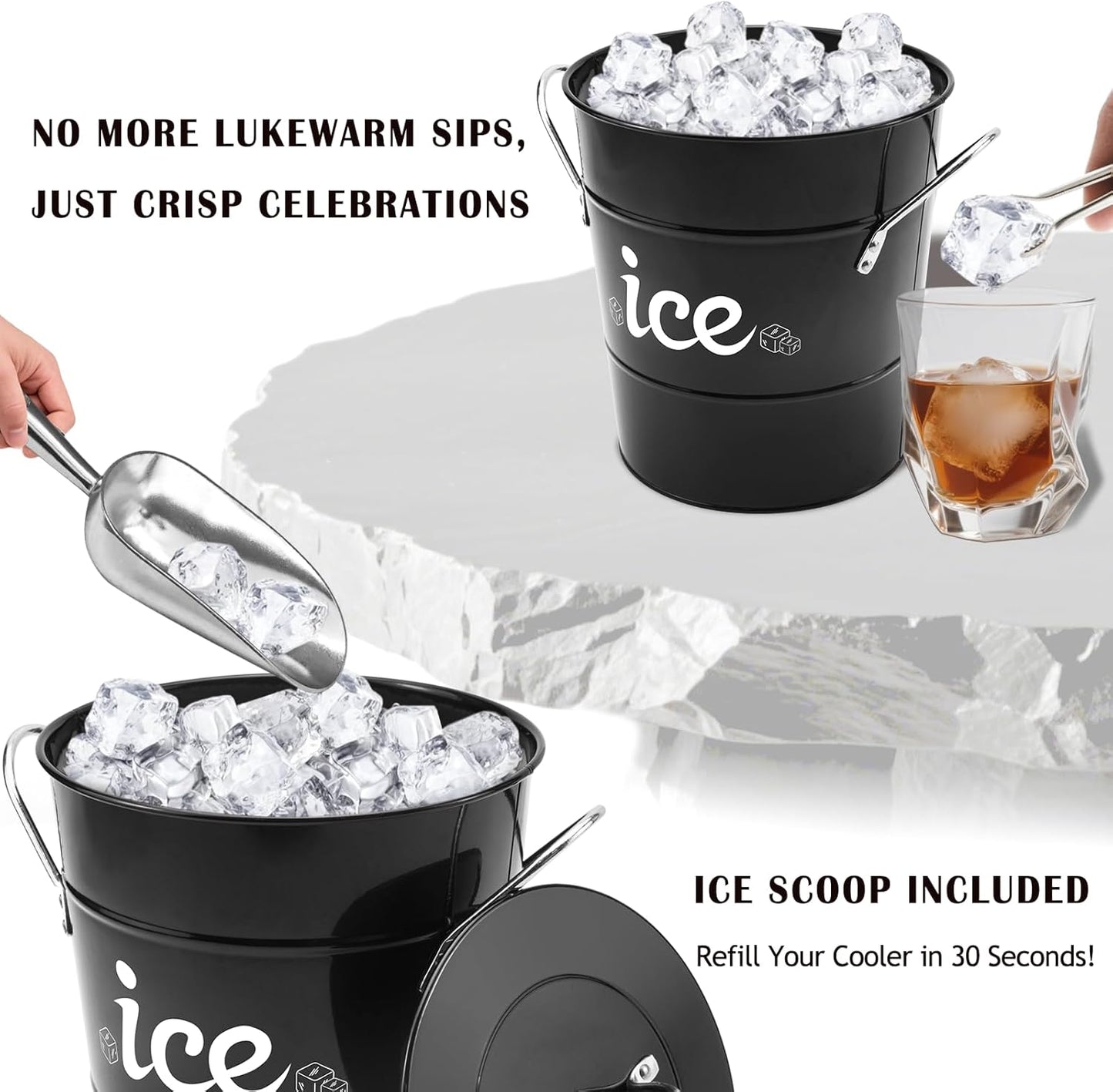Double Wall Ice Bucket with Thermometer, Metal Wine Chiller Bucket with Lid & Scoop - for Champagne, Wine, Cocktails and Parties, Large Insulated Ice Holder - Perfect for Home & Outdoor Use,Red