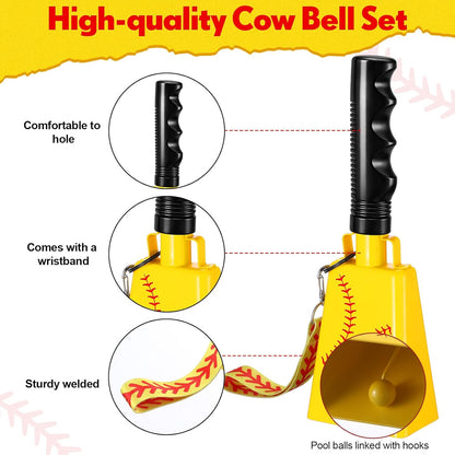 Relaxweex 2 Pack Cow Bells with Handle & Wrist Strap Ribbon Bows Loud Cowbell Noise Makers for Sporting Events, Games, Cheer, Graduations, Team(Baseball)