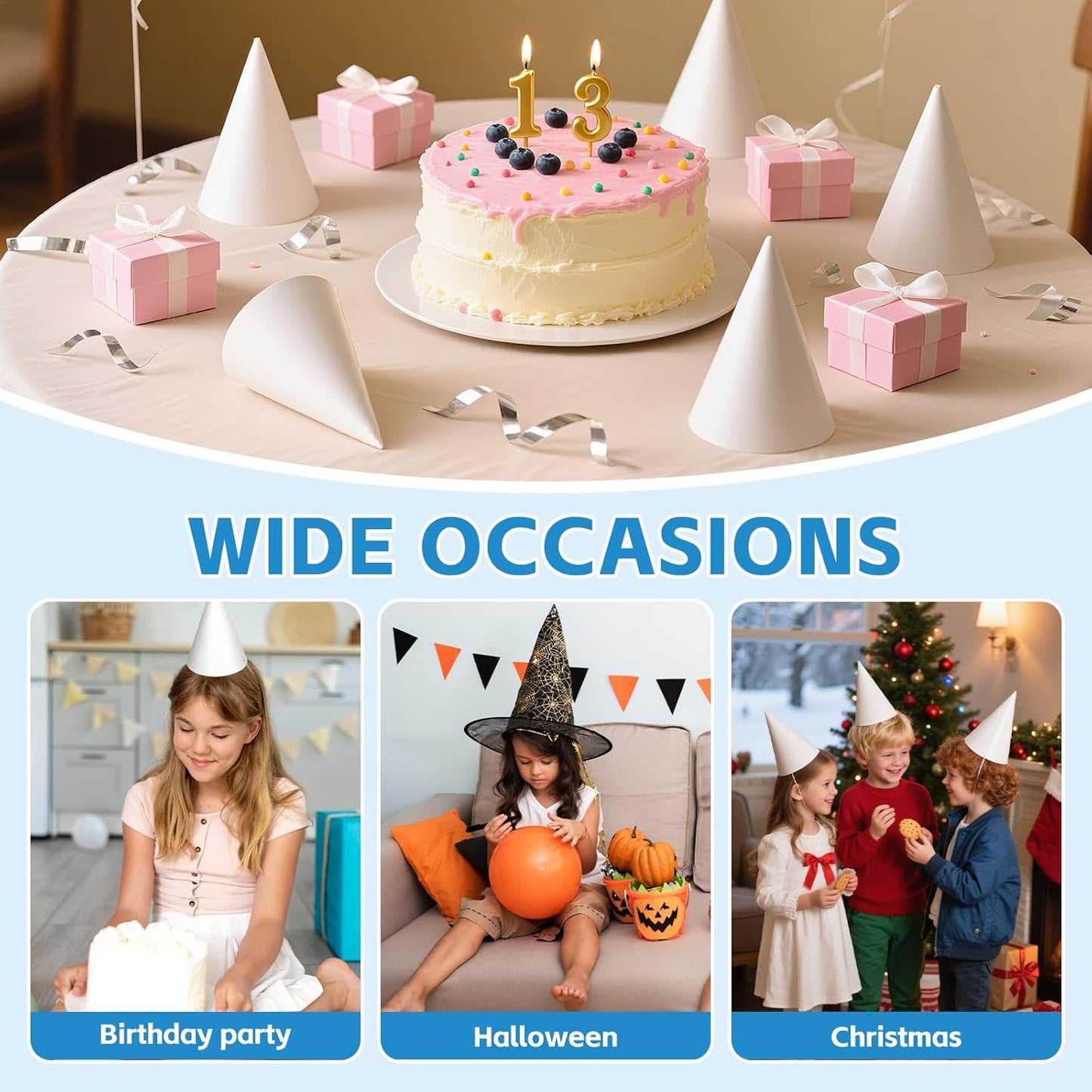 WEOXPR White Paper Party Hats for Birthday,Decorative Bulk Cone Hat for Adults Art DIY, Halloween Supplies（10/20/40/60）