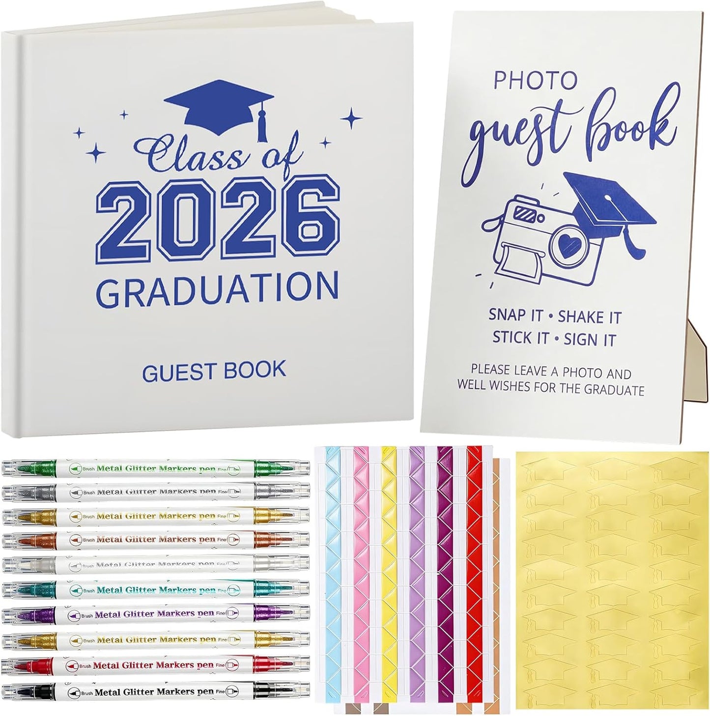 Pajean Graduation Guest Book Set Class of 2026 Memory Scrapbook with Photo Guest Book Sign Dual Tip Pens Photo Corner Stickers Grad Cap Stickers for Grad Party Decorations Supplies Gifts (Black)