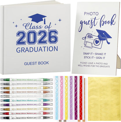 Pajean Graduation Guest Book Set Class of 2026 Memory Scrapbook with Photo Guest Book Sign Dual Tip Pens Photo Corner Stickers Grad Cap Stickers for Grad Party Decorations Supplies Gifts (Black)