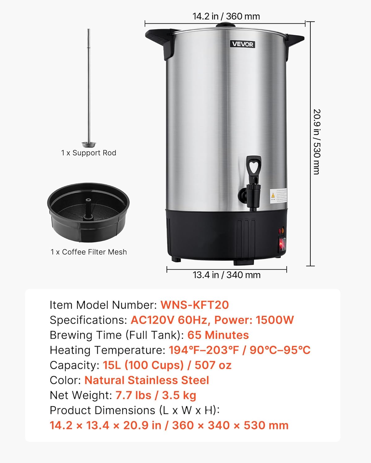 VEVOR Commercial Coffee Urn, 60 Cup 9 L Hot Beverage Dispenser with Dripless Faucet, Quick-Brewing Stainless Steel Large Commercial Coffee Maker, for Catering, Business, Party, Church & Restaurant