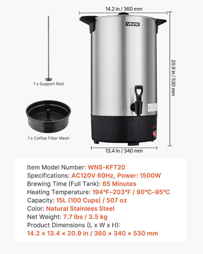 VEVOR Commercial Coffee Urn, 60 Cup 9 L Hot Beverage Dispenser with Dripless Faucet, Quick-Brewing Stainless Steel Large Commercial Coffee Maker, for Catering, Business, Party, Church & Restaurant