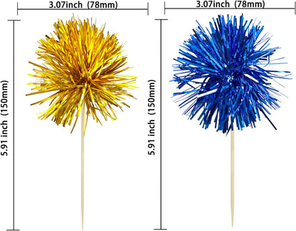 Ephlyn 30Pcs Foil Firework Cupcake Toppers Sparkle Tinsel Cupcake Picks Drink Stirrers Cocktail Food Fruit Toothpicks for Baby Shower Graduation Party Supplies White
