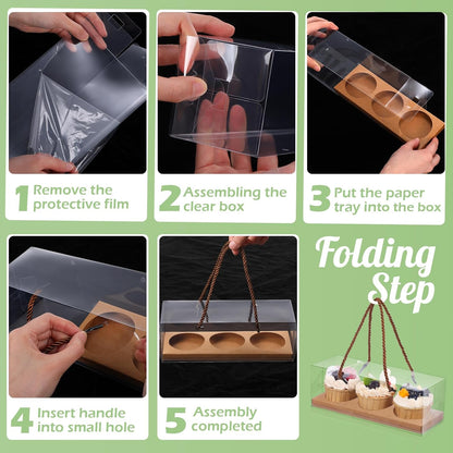 Thenshop 20 Pcs 9 x 3 x 3 Inch Clear Cupcake Boxes with Handle and Inserts 3 Count Portable Pastry Packaging for Cupcakes Carrier Muffin Bakery Containers Mothers Day Wedding Party(Brown)