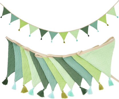 G2PLUS Cotton Fabric Bunting Banner, 9Ft Green Triangle Pennant Banner Flag, 12pcs Double-Sided Bunting Garland with Tassels for Birthday, Nursery, Baby Shower, Classroom Hanging Decor