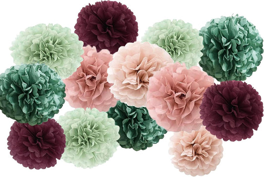 20-Piece Tissue Paper Pom Poms - Hanging Decorations Tissue Paper Flowers for Bridal Wedding Shower Bachelorette Birthday Engagement Party (Burgunday + Boho Green)