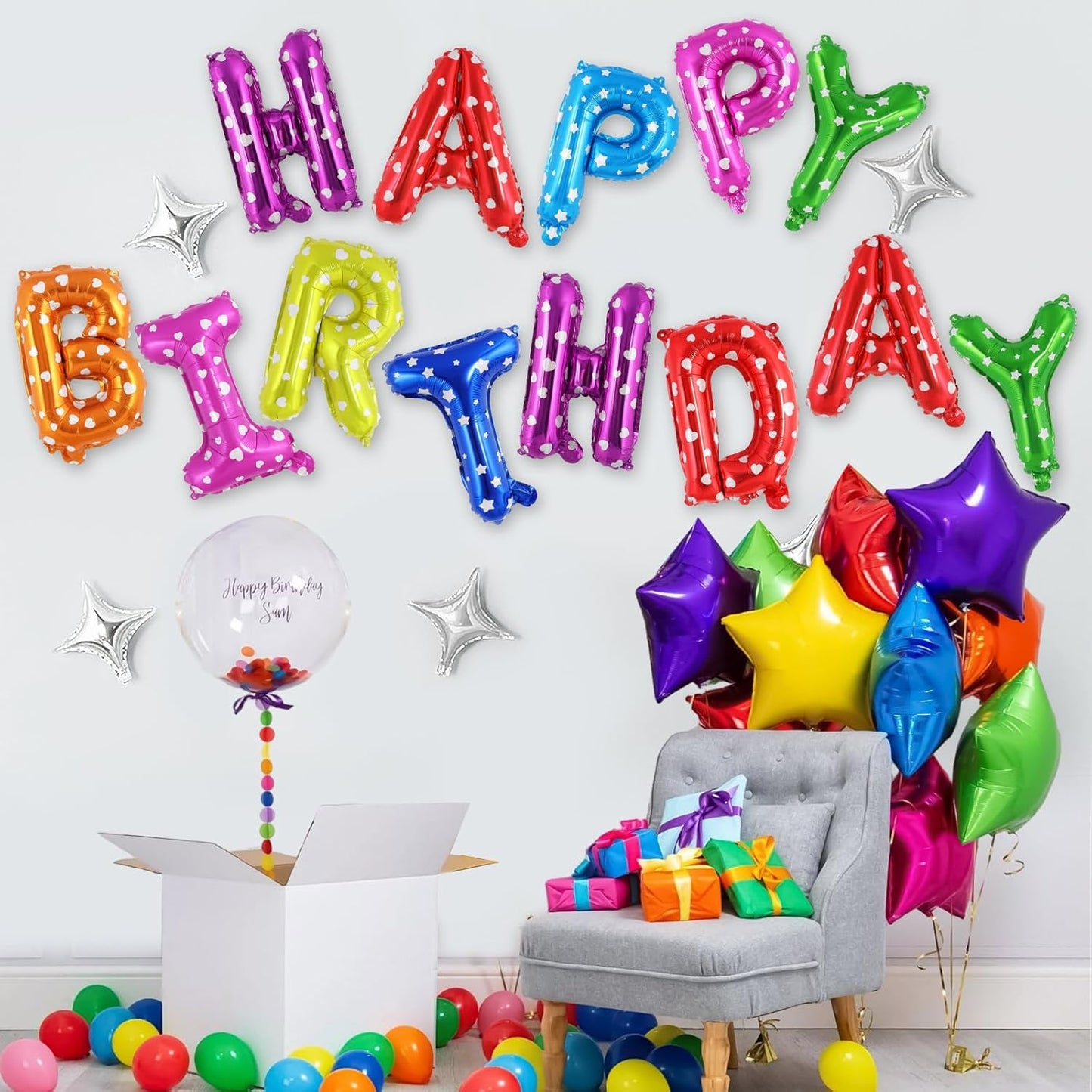 Happy Birthday Balloons Banner, Foil Balloon Personalized Name Letters Balloons Sign Birthday Party Decorations for Women Men Boys Girls Cream