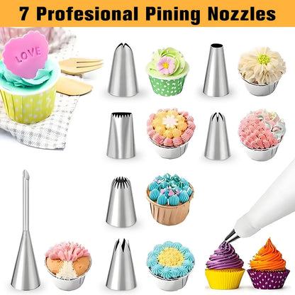Piping Bags and Tips Set – 2 Reusable Piping Bags, 7 Piping Tips, Couplers & Cleaning Brush, Heavy-Duty Leak-Proof Cake Decorating Kit for Beginners & Professional Bakers (14pcs)