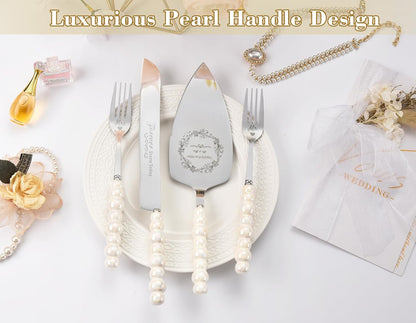 Wedding Cake Knife and Server Set, Gold Ceramic Pearl Handle Cake Cutting Set for Weddings, Engagements, Anniversaries, and Engagement Gifts for Couples