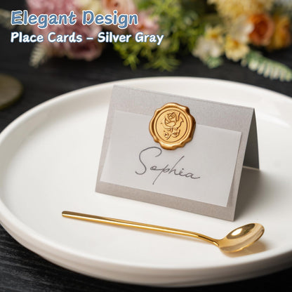 25 Pack Name Cards for Table Setting, Printable Place Cards with Antique Gold Rose Wax Seal Sticker for Wedding, Table Tent Card Stock Decor for Party, Dinner, Home(Pearlized Champagne Gold)