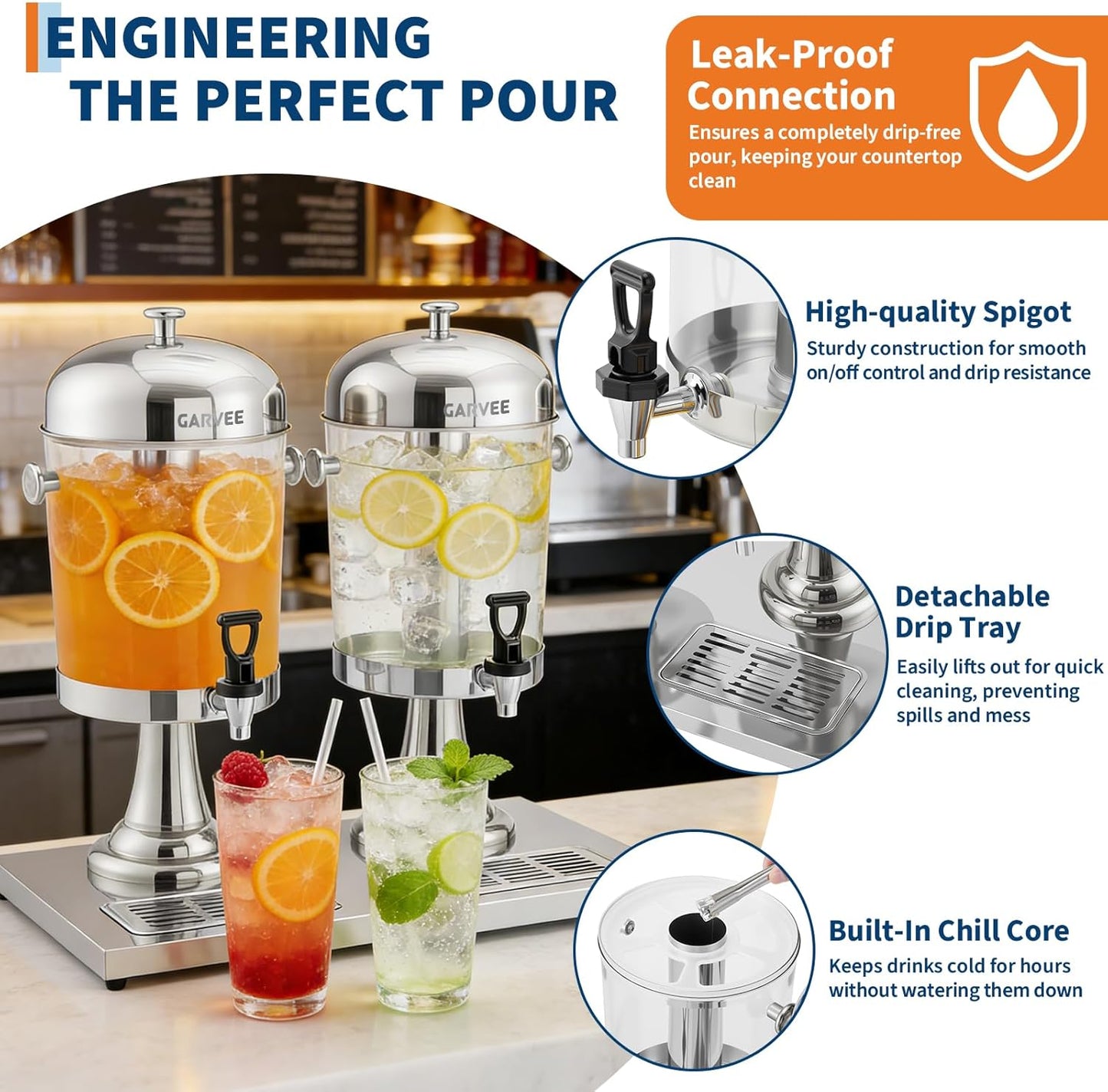 Garvee 2.2 Gallon Commercial Beverage Dispenser, Stainless Steel Beverage Dispenser with Ice Core, Stand & Spigot for Cold Juice, Iced Tea and Lemonade At Parties & Weddings