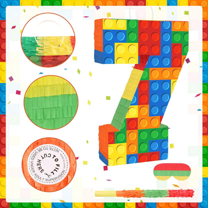 Number 7 Pinata Building Blocks with Pinata Stick Blindfold 7th Birthday Party Decorations Happy Birthday Building Block Theme Anniversary Party Supplies for Kids (Small, 16 x 10.6 x 3 in)
