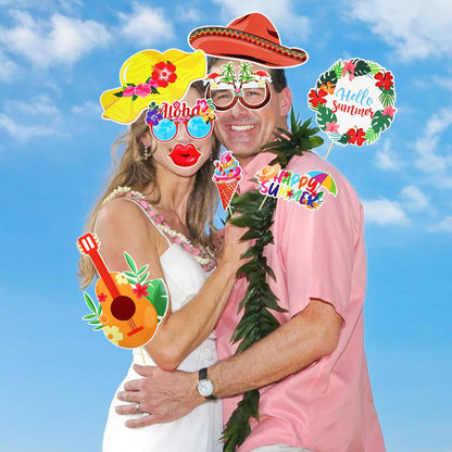 HOWAF 30 PCS Hawaiian Luau Photo Booth Props Kit, Inflatable Luau Selfie Frame and Hawaiian Tropical Funny Photo Props for Summer Tropical Beach Pool Birthday Party Decoration Supplies Tiki Party