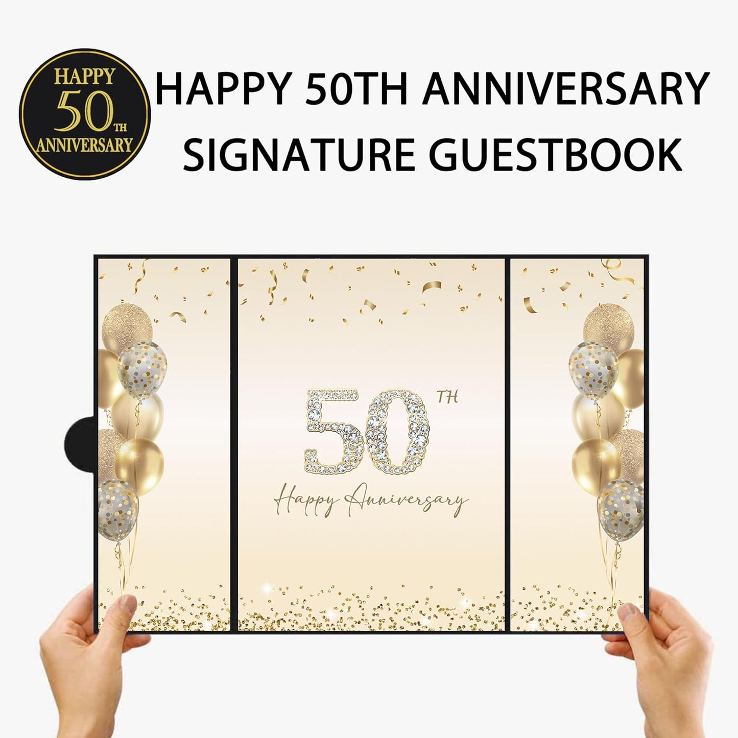 DARUNAXY Black Gold Happy Anniversary Party Decorations, Happy Anniversary Alternative Signature Guest Book Wedding 1st 10th 40th 50th Anniversary Signing Card Board Party Supplies