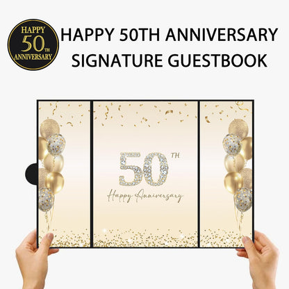 DARUNAXY Black Gold Happy Anniversary Party Decorations, Happy Anniversary Alternative Signature Guest Book Wedding 1st 10th 40th 50th Anniversary Signing Card Board Party Supplies