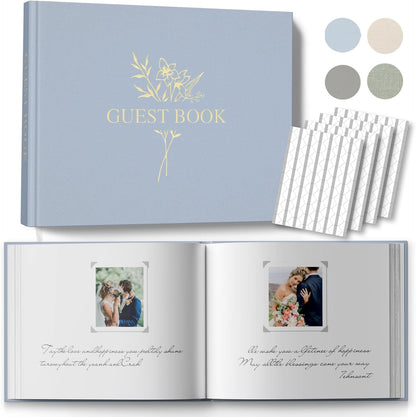 Wedding Guest Book for Memorial Service with 216 Photo Corners Stickers, Linen Guestbook to Sign at Bridal Shower or Wedding Reception Party,100 Pages, Blank Thick Paper Books for Baby Shower- Sage