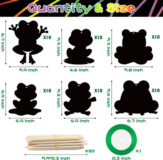 HubirdSall 60Pcs Funky Frogs Scratch Art for Kids Spring Summer Frog Magic Color Craft Passover Hanging Ornaments Kit for School Classroom DIY Craft Activity Art Project Party Favor Gift Tag