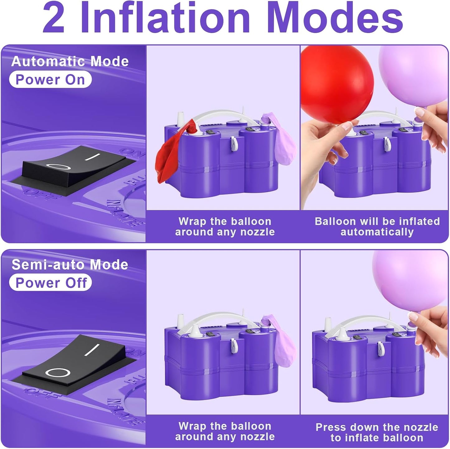 FLSEPAMB Electric Balloon Pump, 3-in-1 Portable Electric Air Balloon Blower Machine Balloon Pump 2 Motor Dual Nozzle Balloon Inflator for Latex 260Q Long Foil Balloons Swimming Rings Air Beds