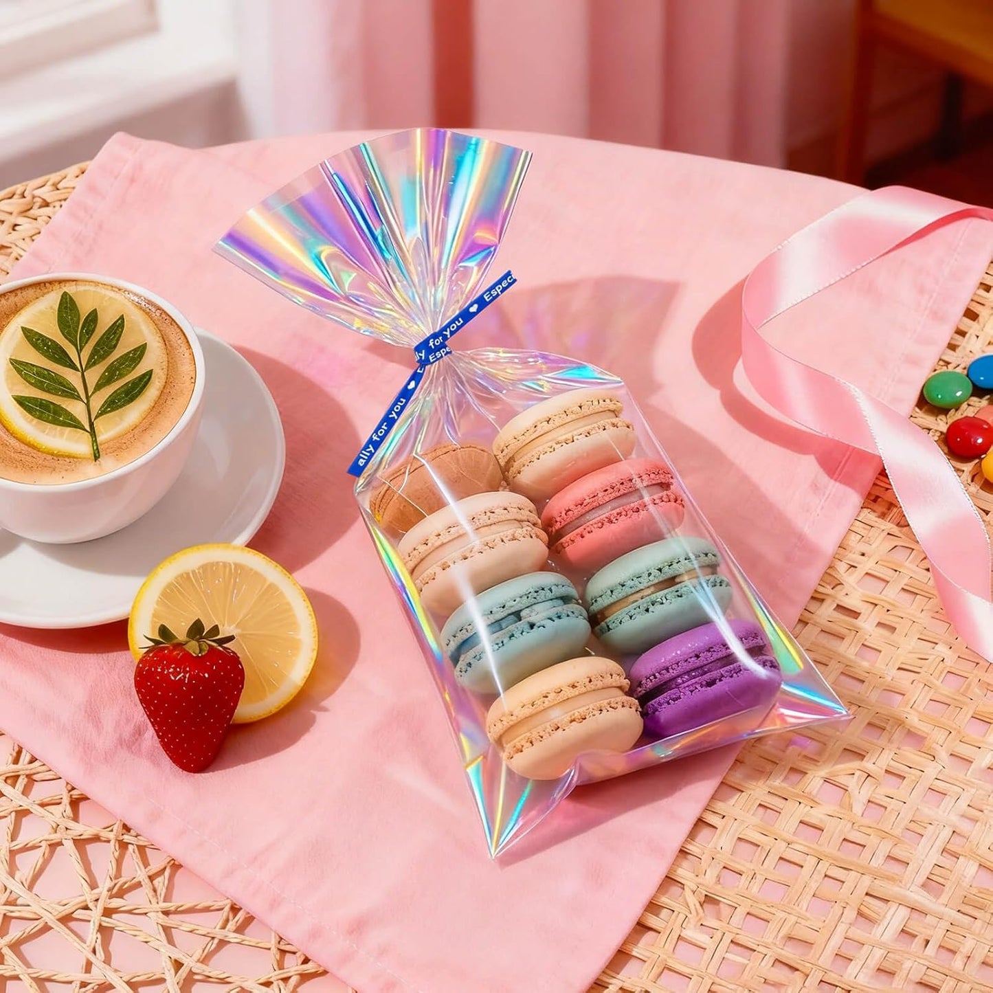 5x7 Inch Iridescent Cellophane Treat Bags with Twist Ties, Treat Bags for Candy Cookie Goodie Chocolates, And Popcorn