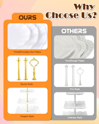 Hoedia 10 Pcs Cake Stand, Plastic Dessert Table Display Set, 4 Pcs 3 Tier Cupcake Stand Tower Holder and 6 Pcs Serving Tray for Tea Party Baby Shower Decorations