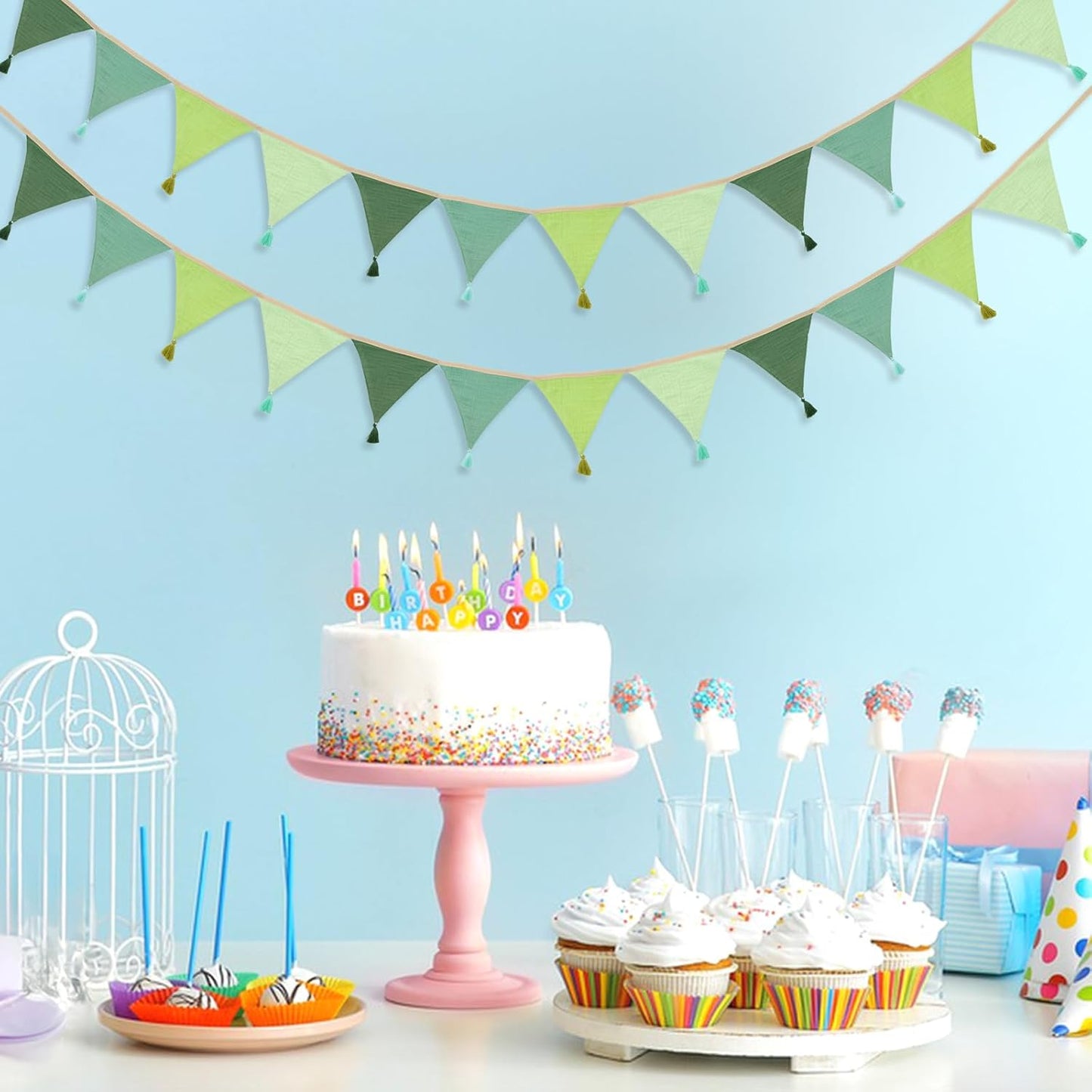 G2PLUS Cotton Fabric Bunting Banner, 9Ft Green Triangle Pennant Banner Flag, 12pcs Double-Sided Bunting Garland with Tassels for Birthday, Nursery, Baby Shower, Classroom Hanging Decor