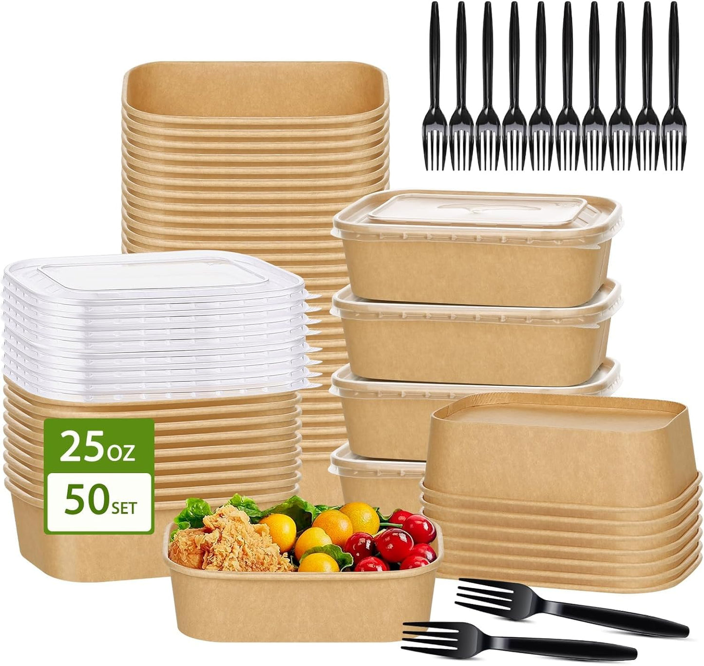 50-Pack 29oz Disposable Kraft Paper Bowls【with Lids and Forks】,Meal Prep Containers Disposable Togo Food Deli Containers for Restaurant Supplies Take Out Containers, Microwave Safe for Hot/Cold Food