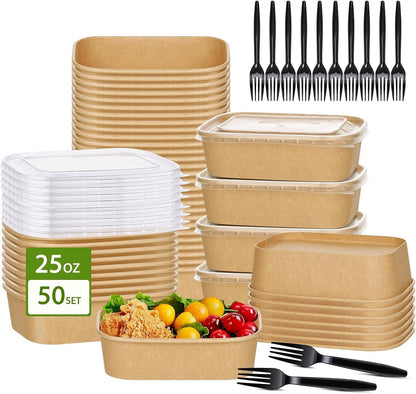 50-Pack 29oz Disposable Kraft Paper Bowls【with Lids and Forks】,Meal Prep Containers Disposable Togo Food Deli Containers for Restaurant Supplies Take Out Containers, Microwave Safe for Hot/Cold Food