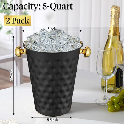 MorningRo 2 Pcs 5 Quart Black Champagne Ice Bucket 4.7 L Metal Doublewall Hammered Stainless Steel Wine Beer Chiller Home Bar Accessories for Football Sports Wedding Party Summer BBQ (Beveled Mouth)