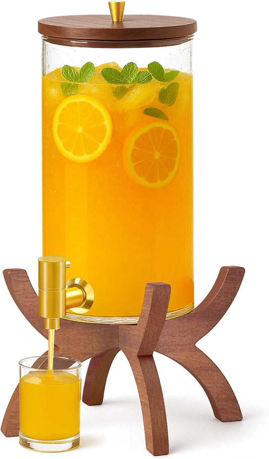 Glass Drink Dispenser,1.5 Gallon Beverage Dispenser with Stand,Lemonade Dispenser with Stainless Steel Faucet,Drink Dispensers for Parties, Bars and Home (Round Stand)