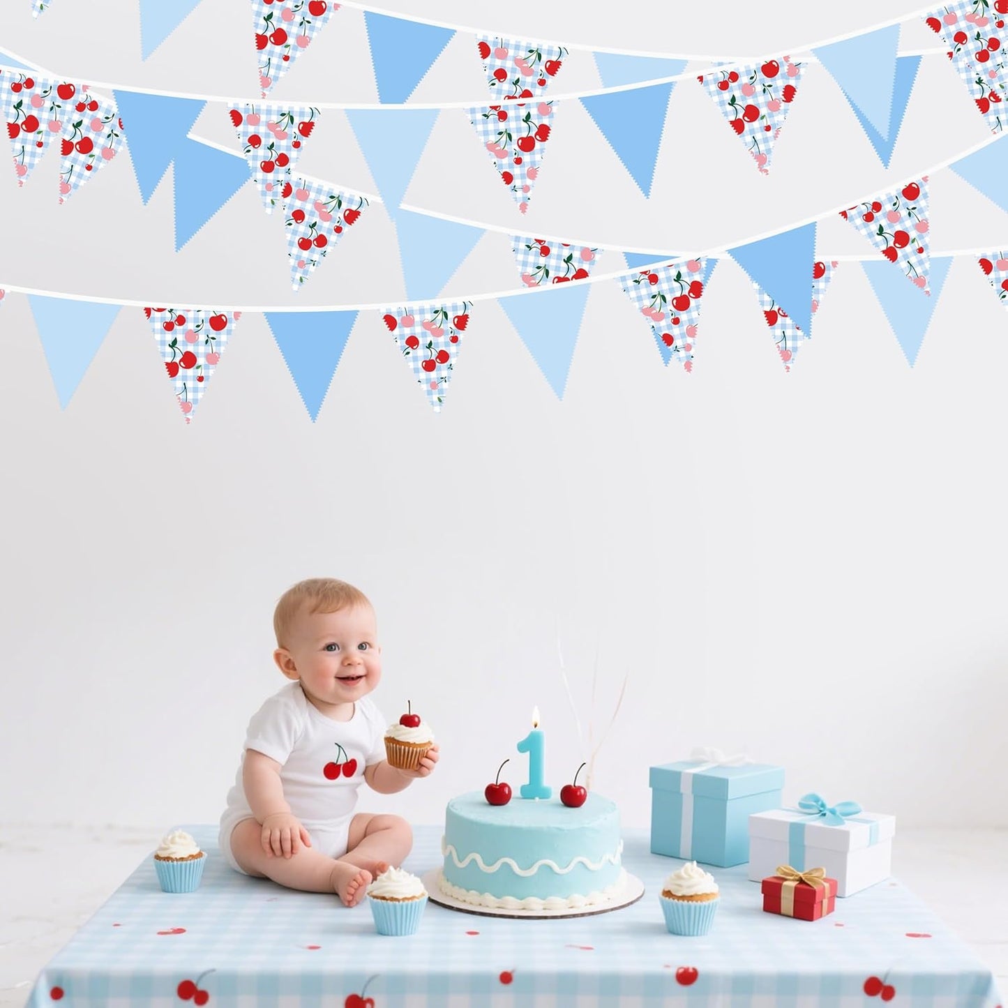 32Ft Dusty Blue Party Decorations Retro Blue Gingham Triangle Banner Flag Pennant Fabric Garland Streamers for Nautical Wedding Birthday Ahoy Achor Bridal Baby Shower Under The Sea Decor Supplies