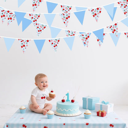 32Ft Dusty Blue Party Decorations Retro Blue Gingham Triangle Banner Flag Pennant Fabric Garland Streamers for Nautical Wedding Birthday Ahoy Achor Bridal Baby Shower Under The Sea Decor Supplies