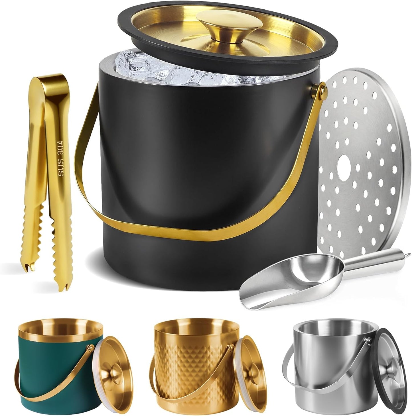 Ice Bucket, Ice Bucket with Silicone Sealing Ring Double-Wall Vacuum Insulation Champagne Buckets with Filter Layer Ice Tongs Ice Scoop (Gold, 3 L)