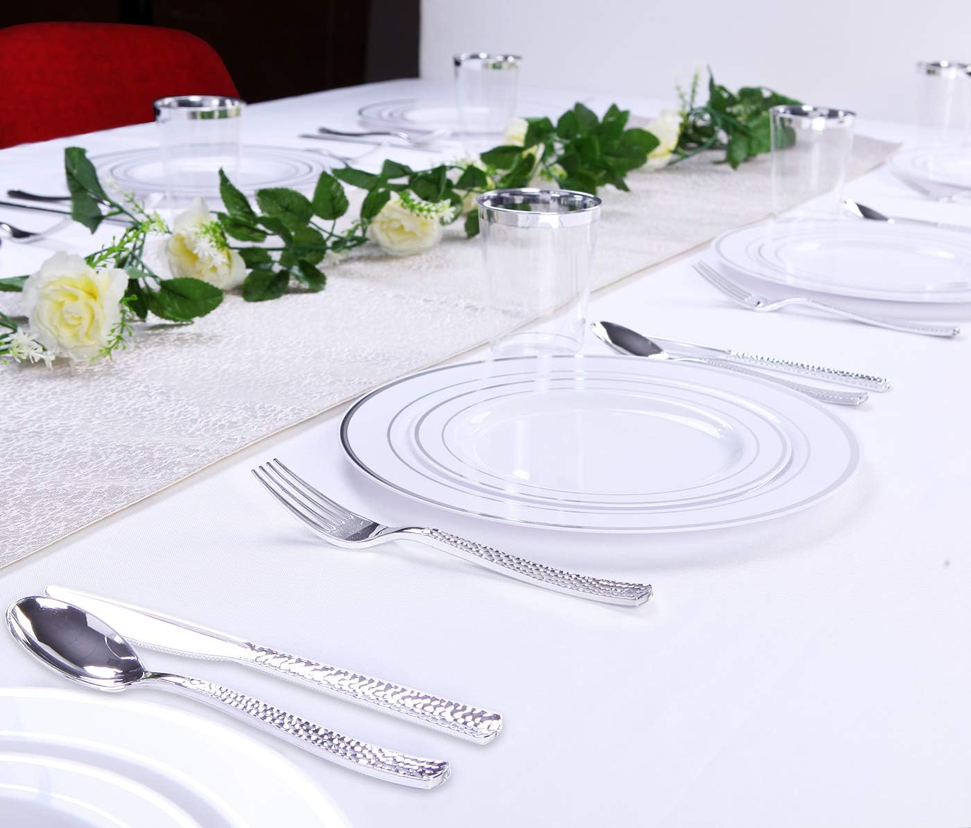 Supernal 360pcs Silver Plastic Cutlery,Elegant Plastic Silverware,Silver Hammed Silverware,Disposable Flatware,Include 120 Forks,120 Knvies,120 Spoons,Perfect for Birthday,Party,Wedding