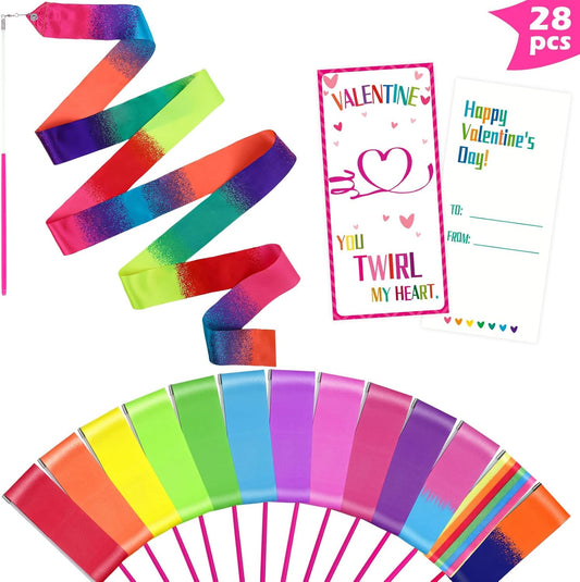 24 Pack Rainbow Dance Ribbon for Kids Party Favors - 12 Colors Rhythmic Gymnastics Twirling for Girls Birthday Party Decoration Supplies, Baton Sticks Silk Streamers Wands