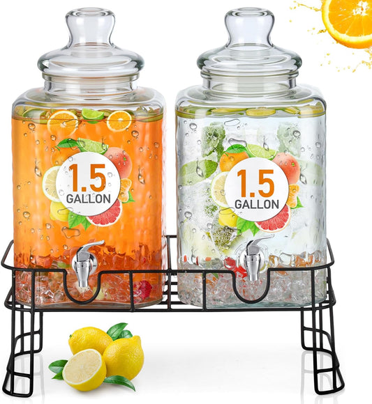 Honeydak 4.6 Gallon Glass Beverage Dispenser with Stand Stainless Steel Spigot Glass Lid Clear Iced Juice Container Leakproof Drink Dispenser Countertop Lemonade Water Jar for Wedding Party (2 Pack)