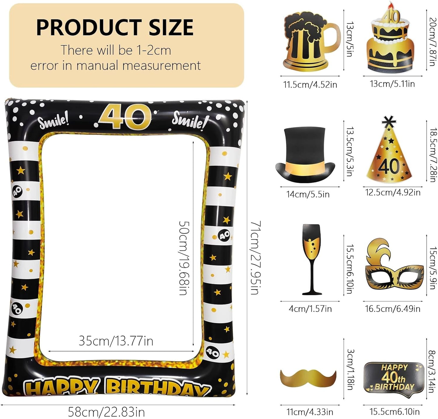 40th Birthday Photo Booth Props, LMSHOWOWO Inflatable Photo Booth Frame, Giant Black Gold Inflatable Selfie Frame, Birthday Party Photo Props, for Women Men Birthday Party Decorations, Random Style