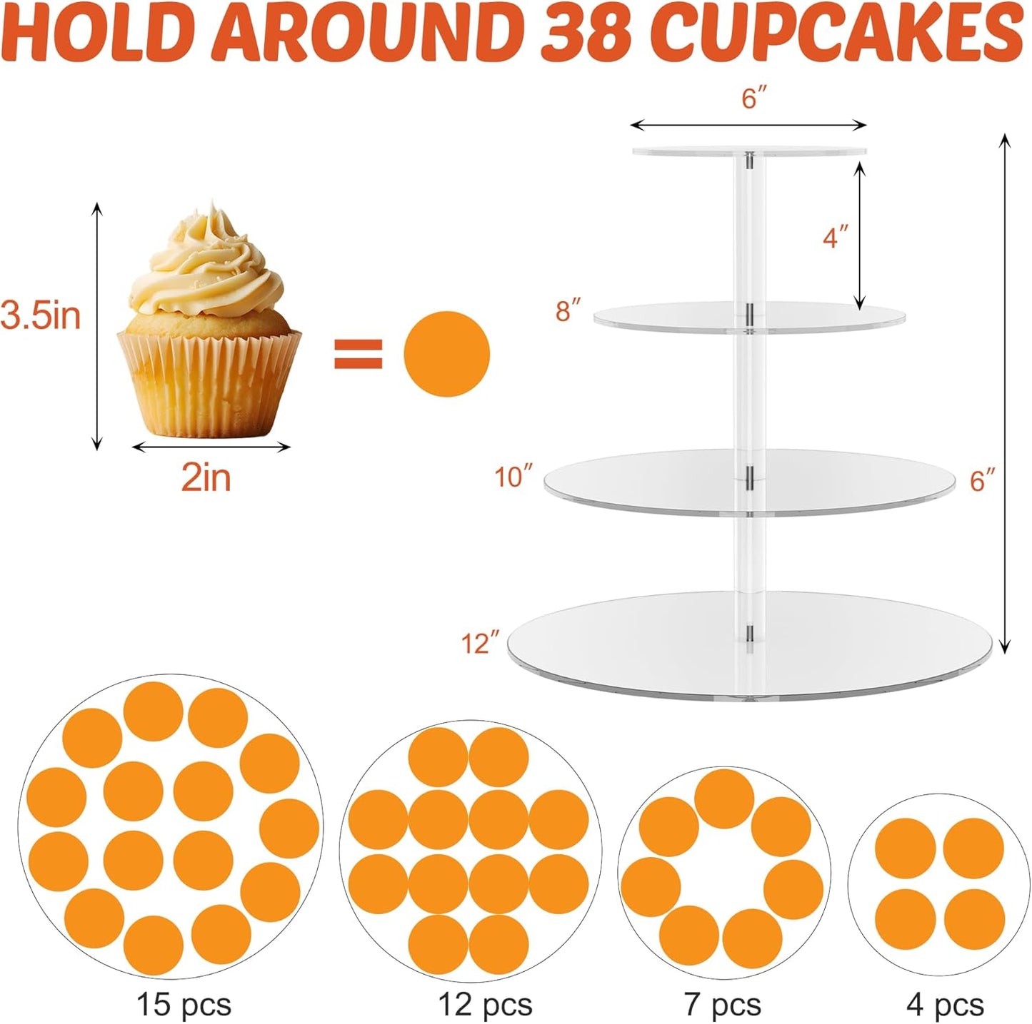 4 Tier Round Cupcake Stand, Acrylic Cupcake Display Stand for 38 Cupcakes, Clear Cupcake Holder Stand for Dessert Table, Cupcake Tower Stand for Wedding Birthday Party Graduation