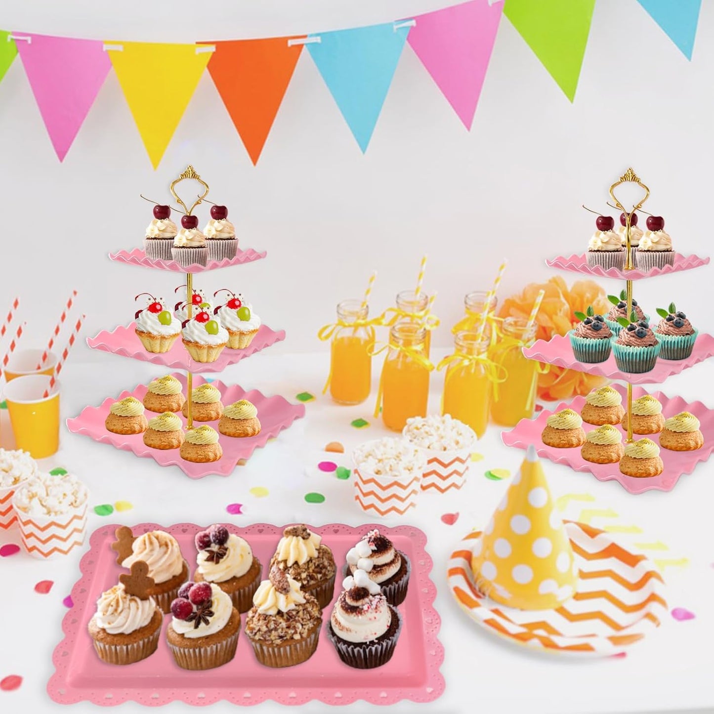5 Pcs Dessert Table Display Set, White Plastic 2 Pcs Round 3 Tier Cupcake Stand Cup Cake Tower Stand with Metal Rod & 3 Pcs Serving Tray for Baby Shower, Tea Party, Wedding, Birthday Party