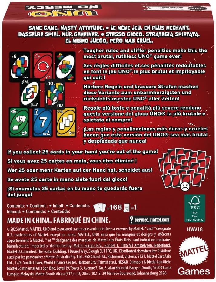 Mattel Games UNO Show ‘em No Mercy Card Game for Kids, Adults & Family Parties & Travel with Extra Cards, Special Rules & Tougher Penalties