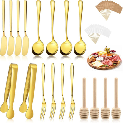 38 Pcs Charcuterie Boards Accessories, Silver Stainless Steel Charcuterie Utensils Set, Including Cheese Butter Spreader, Mini Serving Tongs, Knives, Spoons, Forks, Honey Dippers and Toothpick Flags