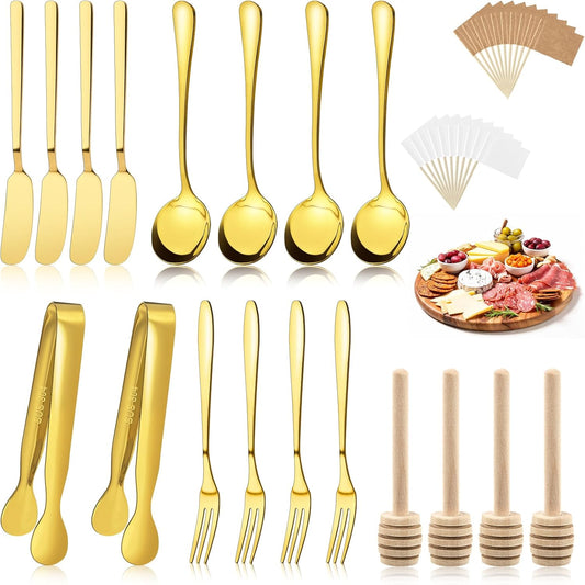 38 Pcs Charcuterie Boards Accessories, Silver Stainless Steel Charcuterie Utensils Set, Including Cheese Butter Spreader, Mini Serving Tongs, Knives, Spoons, Forks, Honey Dippers and Toothpick Flags