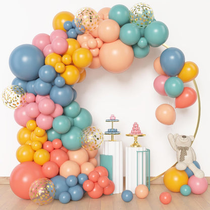 Amandir 153pcs Purple Blue Pink Balloon Garland Arch Kit, Different Sizes 18 12 10 5 inch Teal Yellow Latex Metallic Confetti Balloons for Magic Birthday Engagement Party Decoration