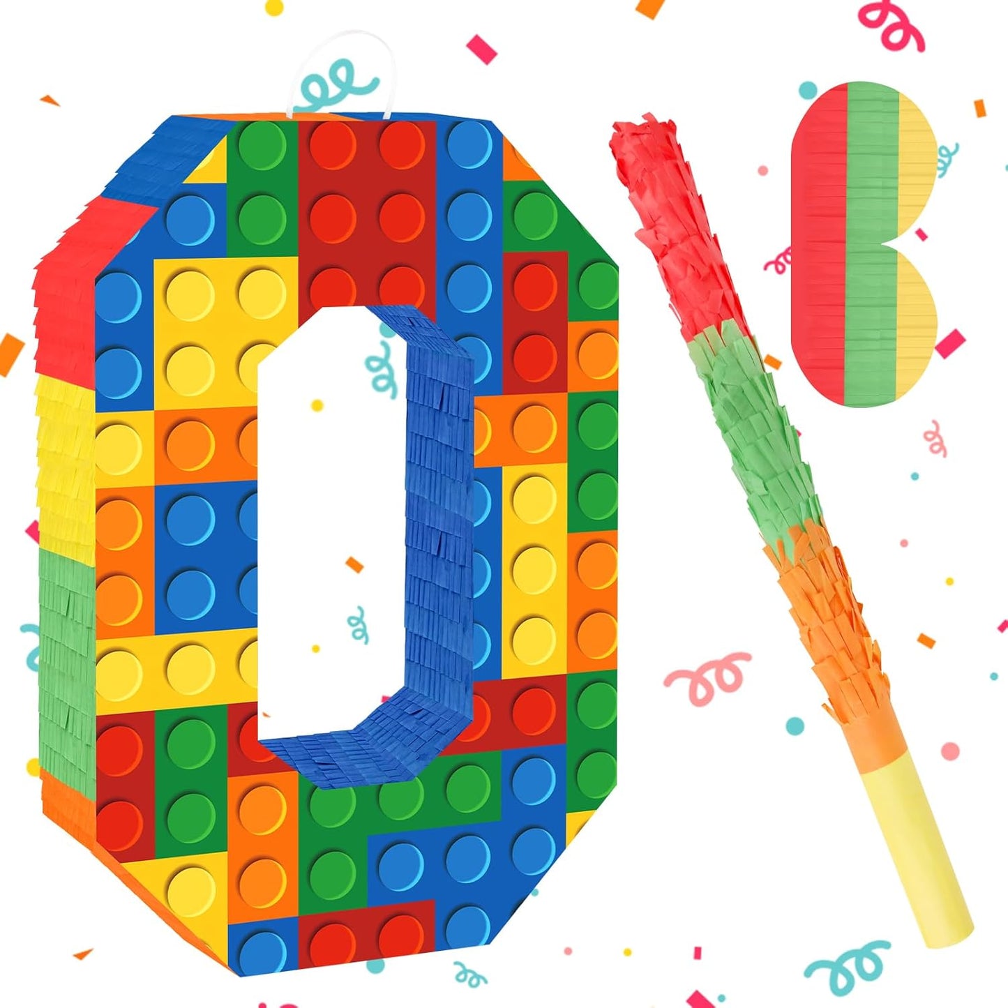Number 7 Pinata Building Blocks with Pinata Stick Blindfold 7th Birthday Party Decorations Happy Birthday Building Block Theme Anniversary Party Supplies for Kids (Small, 16 x 10.6 x 3 in)