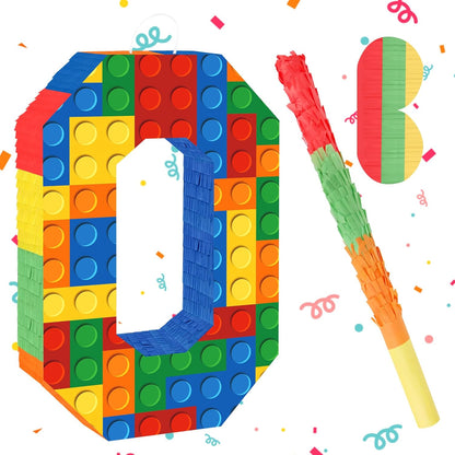 Number 7 Pinata Building Blocks with Pinata Stick Blindfold 7th Birthday Party Decorations Happy Birthday Building Block Theme Anniversary Party Supplies for Kids (Small, 16 x 10.6 x 3 in)