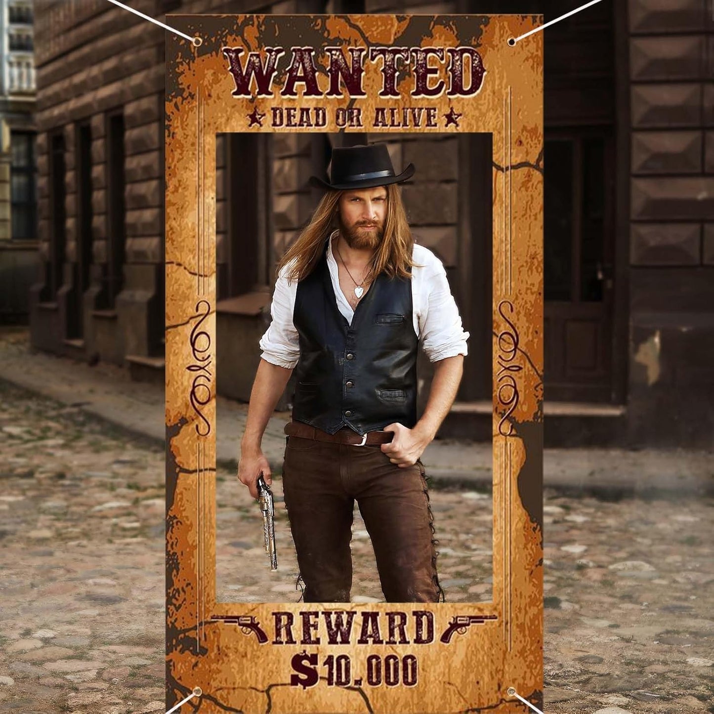Large Western Wanted Poster Western Cowboy Party Decoration Wanted Photo Booth Frame Wild West Selfie Banner Backdrop for West Cowboy Birthday Party Retro Rustic Decoration Supplies (Brown)