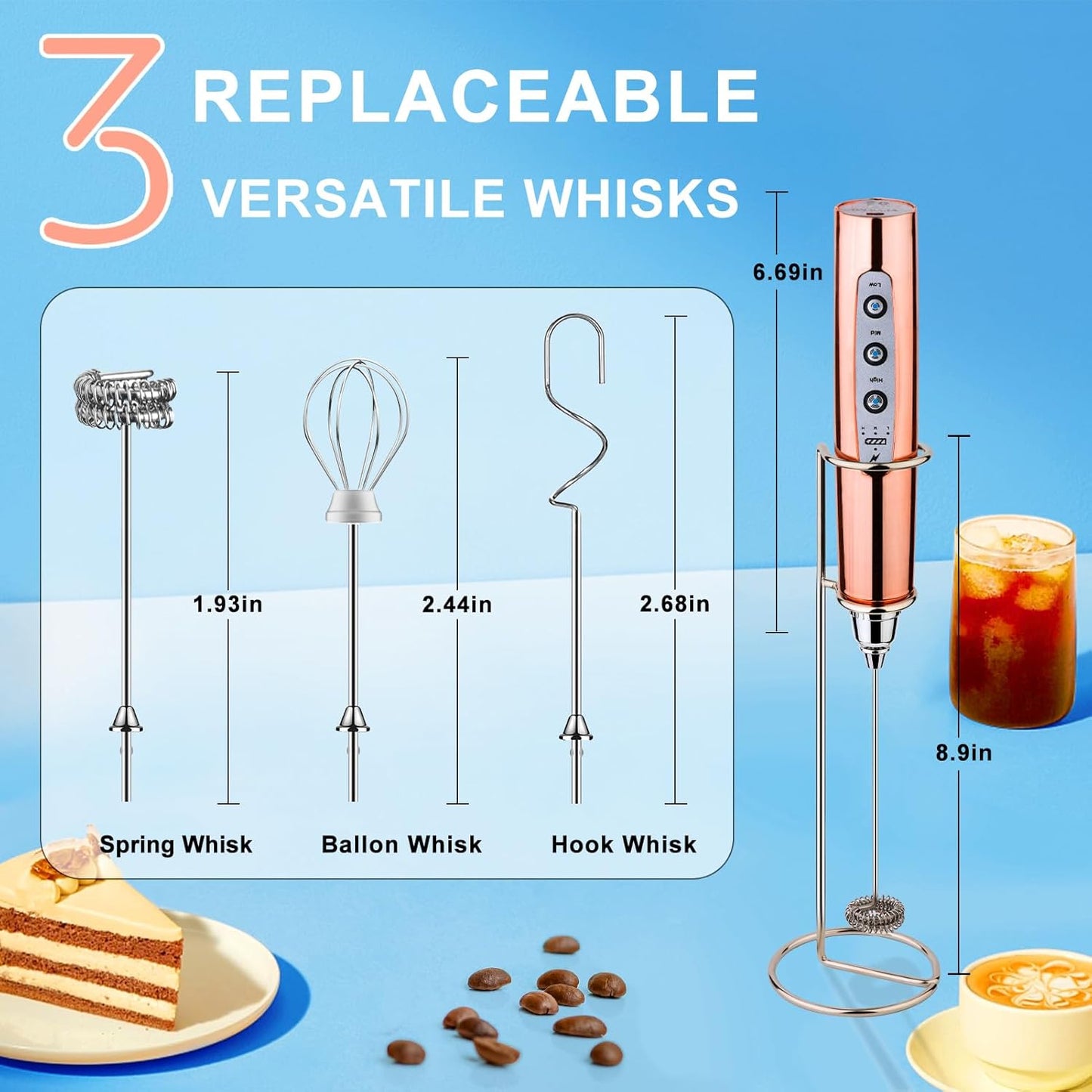 YUSWKO Black Handheld Milk Frother Wand for Coffee, Rechargeable Electric Whisk with 3 Heads 3 Speeds Drink Mixer Coffee Frother For Latte, Cappuccino, Hot Chocolate, Egg